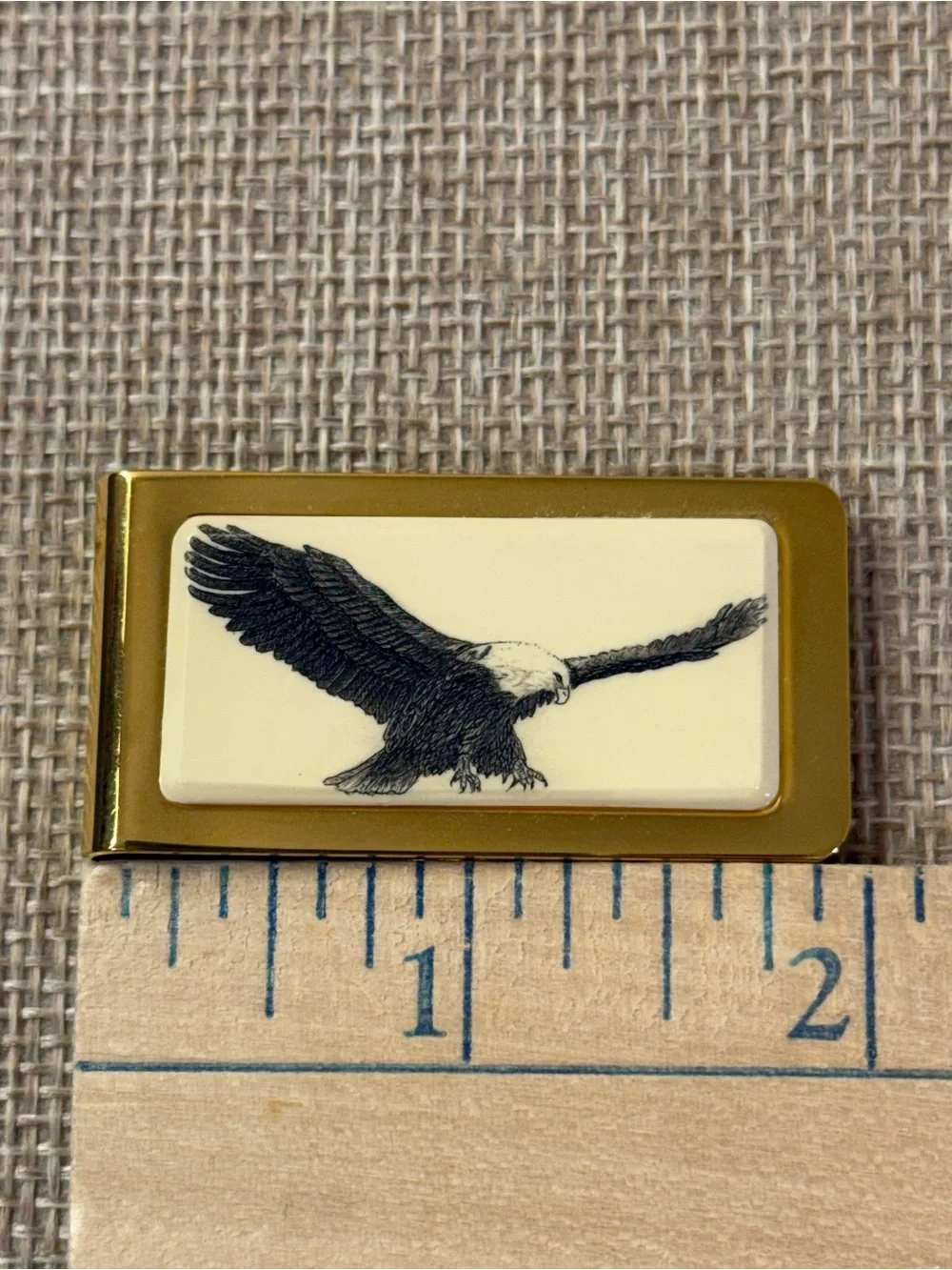 Vintage Barlow Bald Eagle Faux Scrimshaw Money Clip Gold Tone